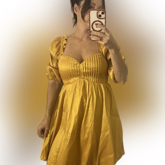 Vici Collection Womens Babydoll Dress Yellow Mini Half Sleeve Puff Pleated|S|NWT - Picture 4 of 5